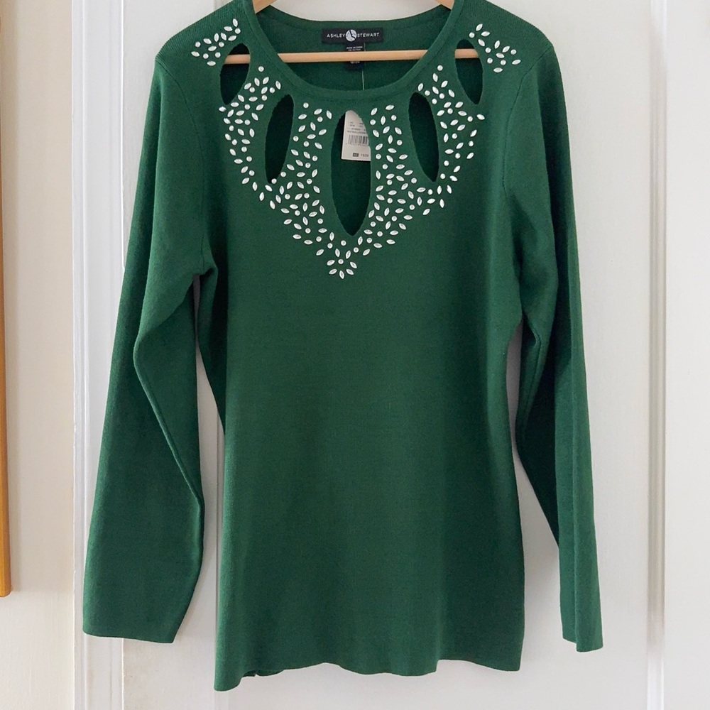Ashley Stewart Forest Green Cutout Blouse Studded Rhinestones